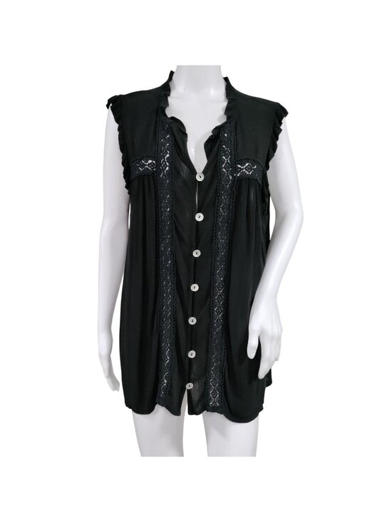 Made in Italy Tops - Made in Italy Whimsy Boho Black Lace MTrim Ruffle Button Up Sleeve Blouse